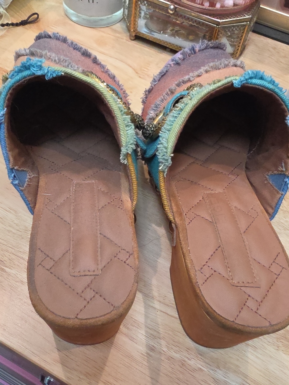 Kurt Geifer Multicolor Frayed Denim Slide Block Heels - Women's Casual Fashion - Picture 2 of 8